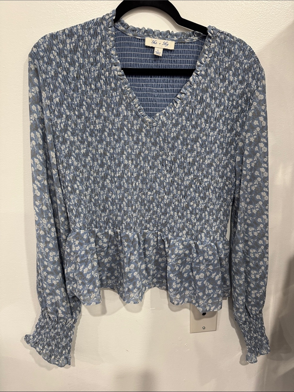 She + Sky Blue Floral Smocked V-Neck Peplum Top